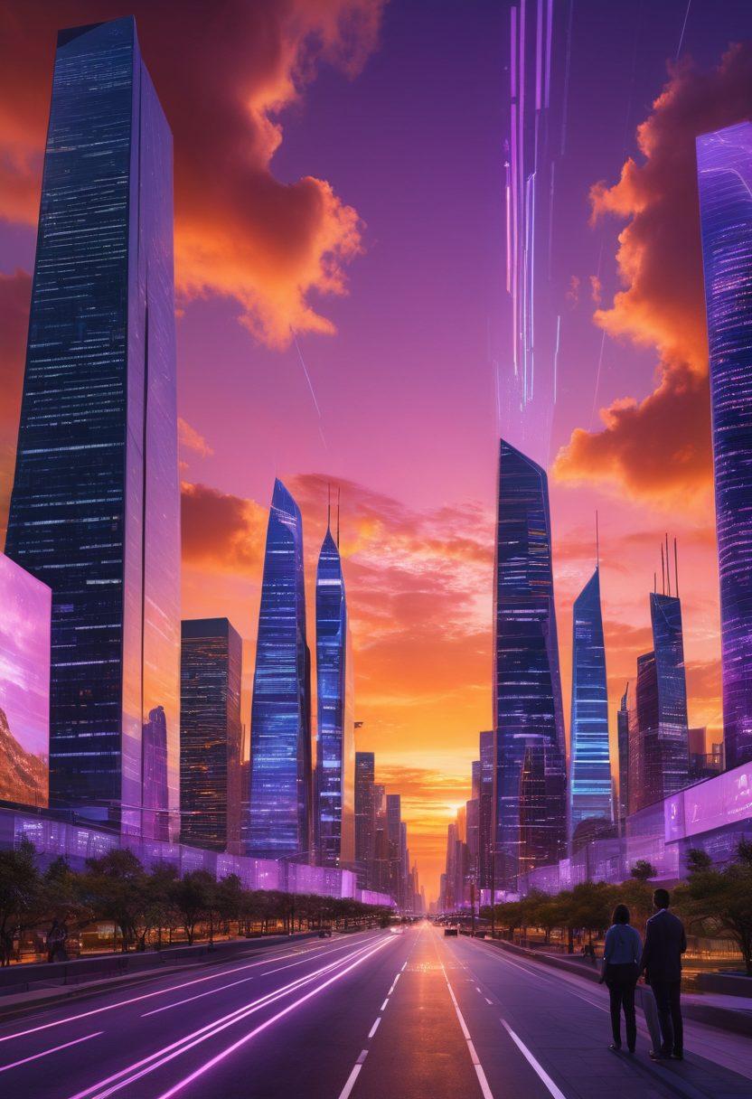 A futuristic city skyline with digital screens displaying various insurance solutions. In the foreground, a diverse group of individuals confidently engaging with virtual interfaces showcasing policy options. Soft glowing lines represent data connections, symbolizing navigation through technology. The sky is a blend of vibrant sunset colors, reflecting hope and innovation. super-realistic. vibrant colors. high-tech style.