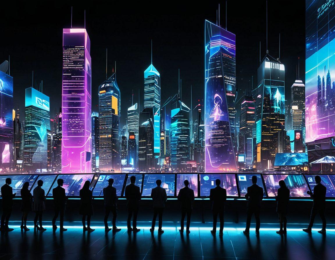A futuristic city skyline illuminated by digital displays showcasing e-Insurance services. In the foreground, a diverse group of people engaging with holographic insurance platforms on mobile devices. Bright, vibrant colors with a sense of movement, symbolizing innovation and technology. Include elements like floating data graphs and interactive screens to emphasize the digital aspect. cyberpunk. vibrant colors. super-realistic.